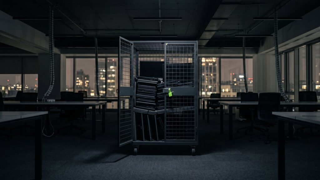 Leeres Großraumbüro am Abend, auf einem Rollwagen gestapelte Notebooks und Monitore im grünen Licht – IT-Hardware bei Betriebsauflösung verwerten