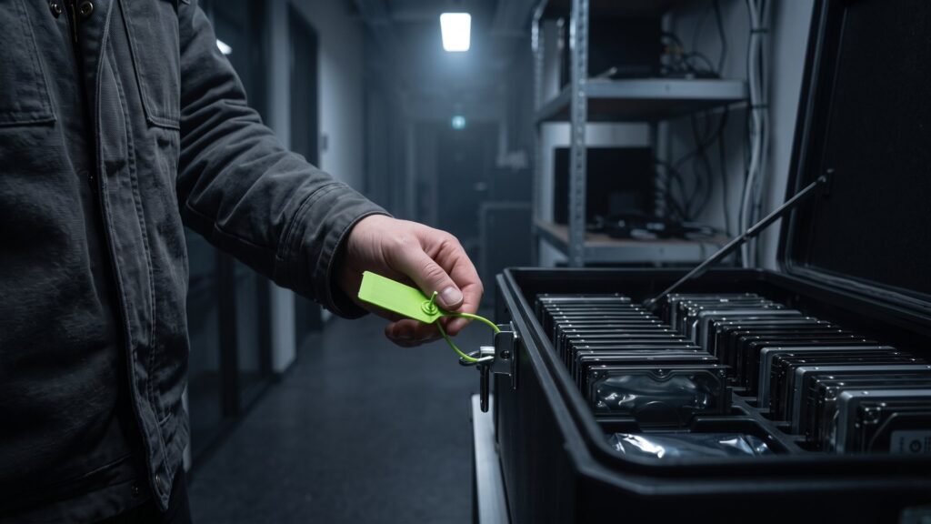 Hand verschließt einen Sicherheitsbehälter voller Festplatten mit einer grünen Plombe – DSGVO-konforme Entsorgung von Datenträgern