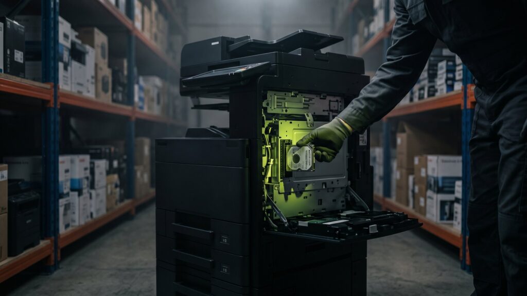 Techniker zieht eine kleine Festplatte aus einem geöffneten Multifunktionsdrucker, grünes Licht auf dem Laufwerk – Drucker im Unternehmen sicher entsorgen
