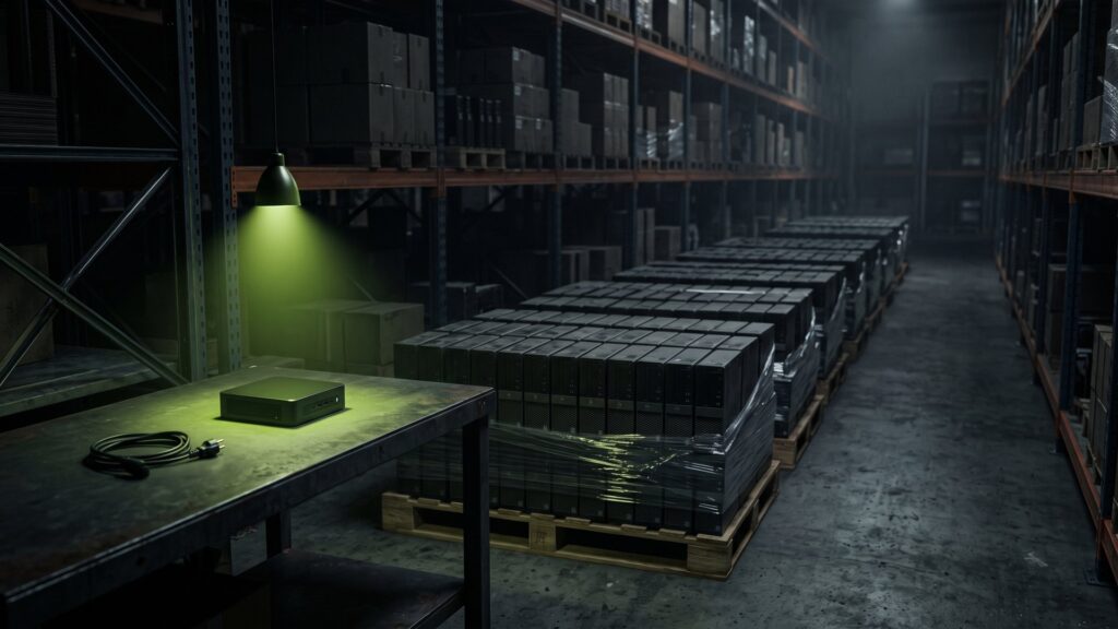 Reihen ausgemusterter Business-PCs auf Paletten in einer dunklen Lagerhalle, ein kompakter Mini-PC im grünen Lichtkegel – gebrauchte PCs verkaufen