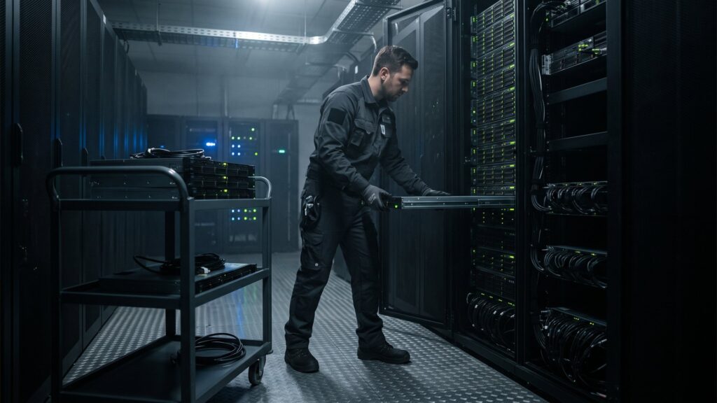 Techniker zieht einen Server aus einem halb geleerten Rack im Rechenzentrum, grüne Status-LEDs – Rückbau und Verkauf gebrauchter Server