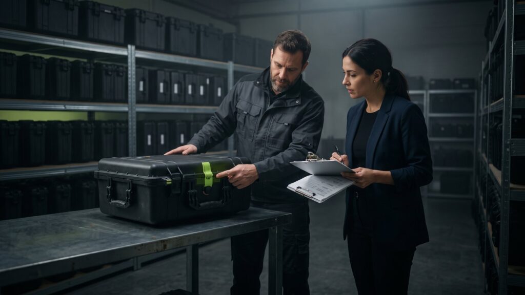 Einkäuferin prüft mit Klemmbrett einen verplombten Transportkoffer für IT-Hardware in einer Lagerhalle – ITAD-Anbieter sorgfältig auswählen