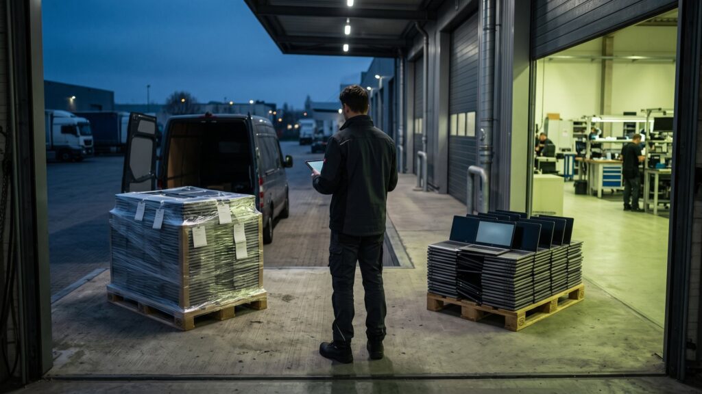Zwei Paletten mit Business-Notebooks an einer Laderampe, eine für die Rückgabe verpackt, eine im grünen Licht zur Aufbereitung – Leasingrückgabe oder Verkauf