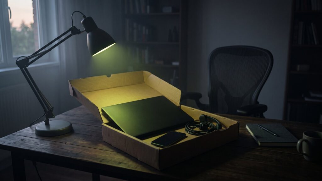 Zugeklapptes Notebook, Diensthandy und Headset in einem offenen Versandkarton auf einem dunklen Schreibtisch, grünes Licht auf dem Notebook – IT-Hardware beim Offboarding zurückgeben