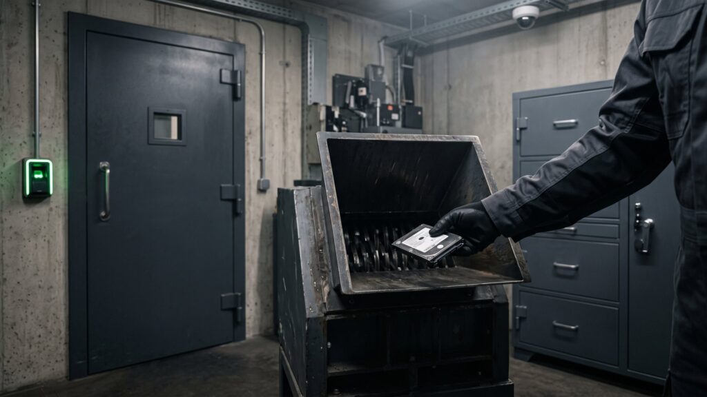 Behandschuhte Hand legt eine Festplatte in den Einzug eines Industrieschredders in einem gesicherten Raum mit Fingerabdruckscanner – VS-NfD-Datenträger aussondern